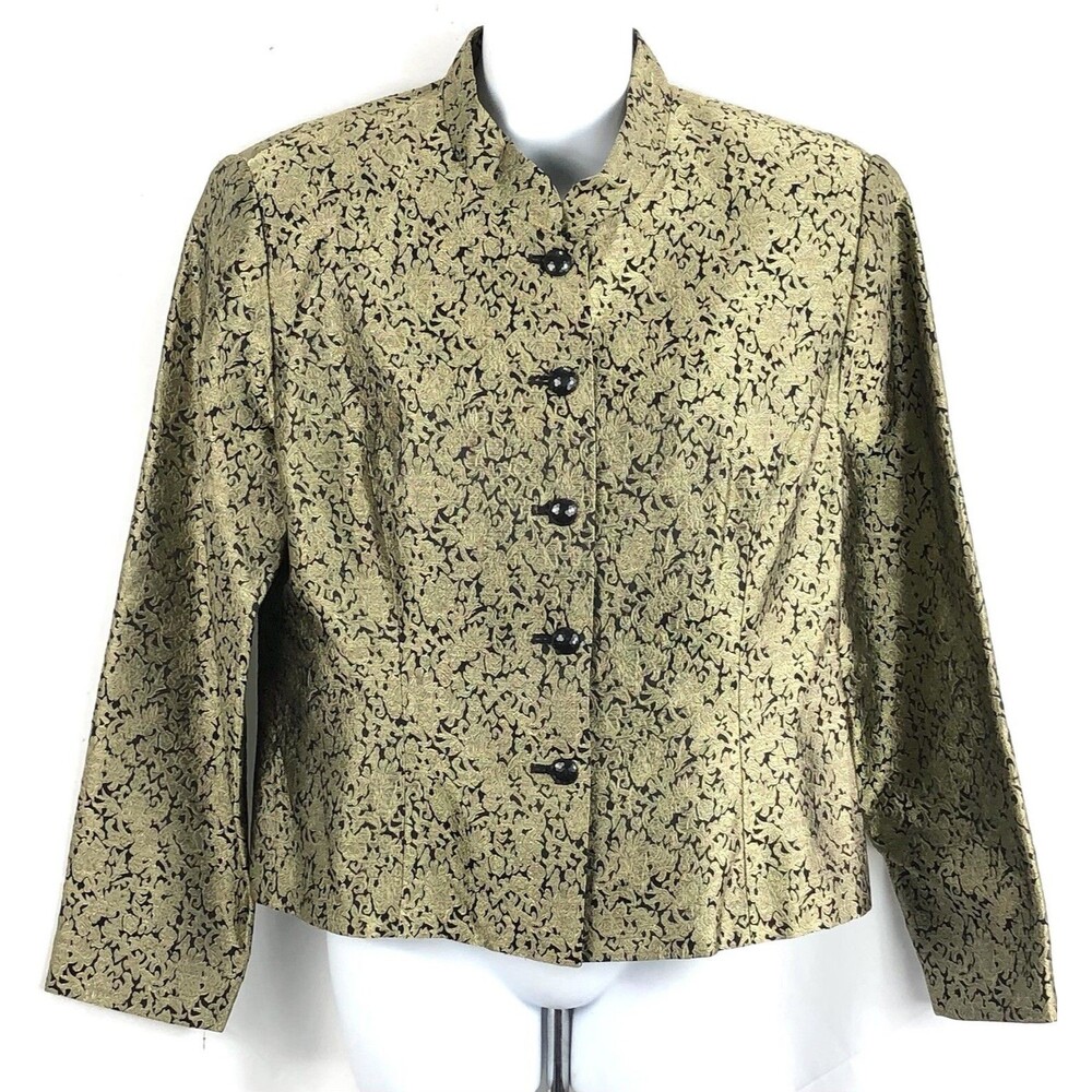 MSK Silk Brocade Jacket Blazer PL Gold/BIK Geo Cropped Jewel Button band collar